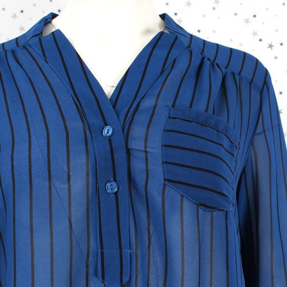 3/4 Sleeve Sheer Stripe Blouse Top Royal Blue - Picture 3 of 7